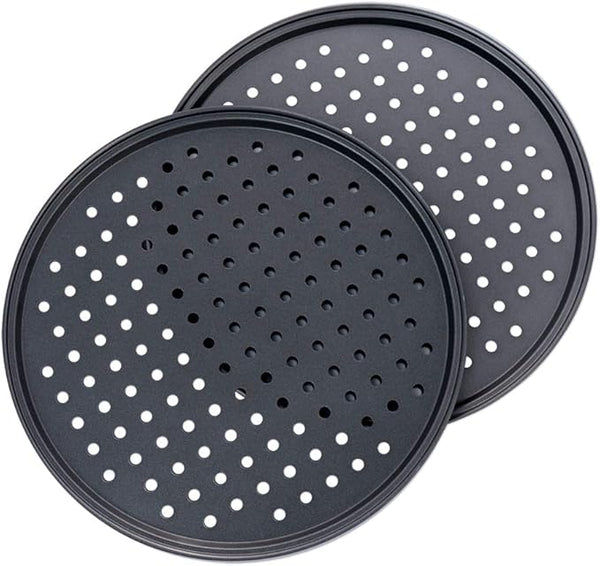 Pizza Baking Pan - Round Perforated Carbon Steel Pan with Non-Stick Marble Coating Oversized Silicone Handle Dishwasher Safe High-Temperature Resistant Durable & Easy Cleanup - Blue 2 Pack