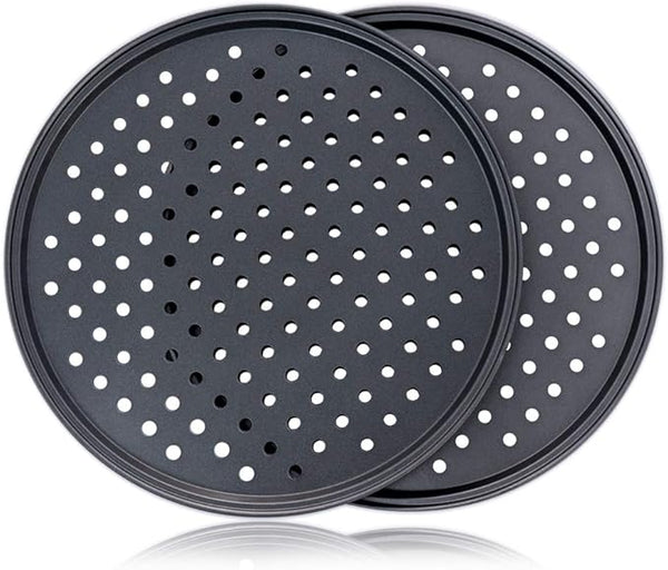 Pizza Baking Pan - Round Perforated Carbon Steel Pan with Non-Stick Marble Coating Oversized Silicone Handle Dishwasher Safe High-Temperature Resistant Durable & Easy Cleanup - Blue 2 Pack