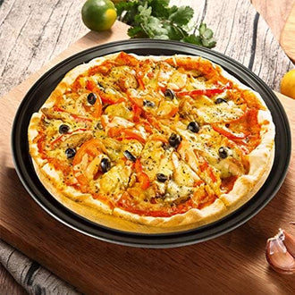 Pizza Baking Pan - Round Perforated Carbon Steel Pan with Non-Stick Marble Coating Oversized Silicone Handle Dishwasher Safe High-Temperature Resistant Durable & Easy Cleanup - Blue 2 Pack