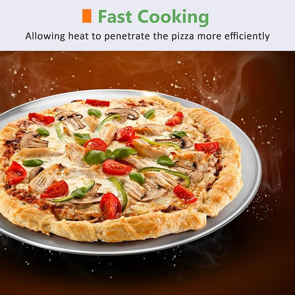 CHEF Pizza Pan Set of 2 Stainless Steel Pizza Tray Round Pizza Plate For Pie Cookie Pizza Cake Non Toxic & Heavy Duty Dishwasher Safe & Easy Clean 13.5 Inch & Silver