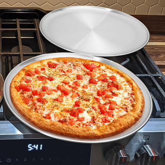 CHEF Pizza Pan Set of 2 Stainless Steel Pizza Tray Round Pizza Plate For Pie Cookie Pizza Cake Non Toxic & Heavy Duty Dishwasher Safe & Easy Clean 13.5 Inch & Silver